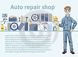 Auto repair shop. Mechanic man holding a wrench. Vector illustration with copy space, template for advertising flyer or