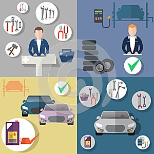 Auto repair, tire service, diagnostics of the vehicle, flat icon set photo