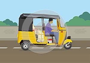 Auto rickshaw with cityscape