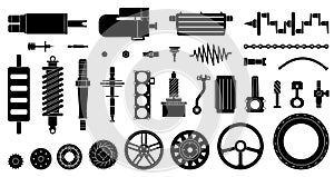 Auto service black icons. Various mechanisms, automobile spare parts. Adapter, wheels and gears, valve, chains and pipes