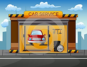 Auto service building background with car inside illustration