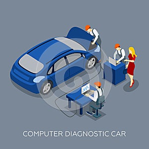 Auto Service Computer Diagnostic Isometric Banner