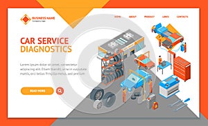 Auto Service 3d Landing Web Page Template Isometric View. Vector