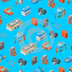 Auto Service 3d Seamless Pattern Background Isometric View. Vector
