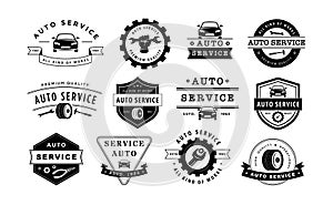 Auto service emblem. Car repair label, mechanic workshop badge template and automotive maintenance branding vector set