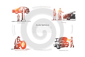 Auto service - ordering, scanning car, disassembly auto, replacement of wheel vector concept set