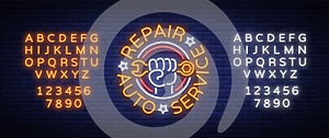 Auto service repair logo in neon style. Neon sign, a symbol on the topic of repairing cars. Emblem, bright banner, shiny