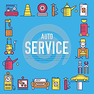 Auto service with text concept. Thin line icons with flat background design. Worker mechanic repairs a car on the garage