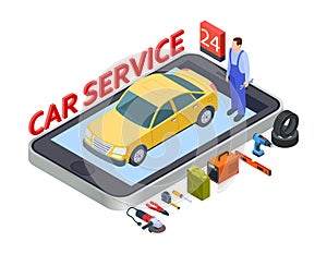 Auto services mobile app. Isometric car service vector concept with auto, repair equipment, tires, technician