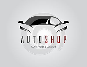 Auto shop car logo design with concept sports vehicle silhouette photo