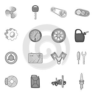 Auto spare parts icons set, black monochrome style