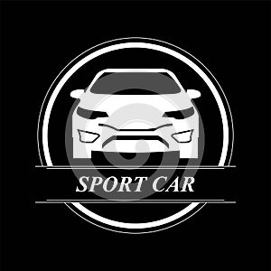 Auto stylish car logo design with white sports vehicle icon concept on black background