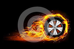 Auto tire in fire, burning wheel, hot car tire â€“ vector