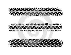 Auto tire tread grunge set. Car and motorcycle tire pattern, wheel tyre tread track. Black tyre print. Vector