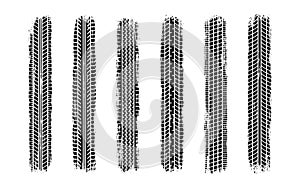 Auto tire tread grunge set. Car and motorcycle tire pattern, wheel tyre tread track. Black tyre print. Vector