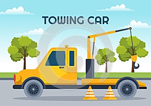 Auto Towing Car Using a Truck with Roadside Assistance Service in Template Hand Drawn Cartoon Flat Background Illustration