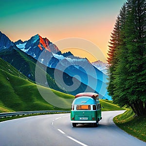 Auto und Alpen Berge StraÃŸe blau Kunst Illustration