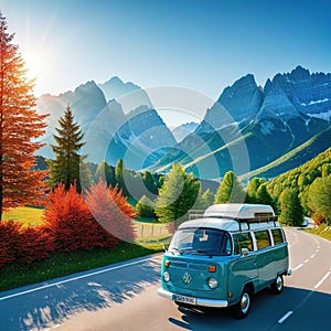 Auto und Alpen Berge StraÃŸe blau Kunst Illustration