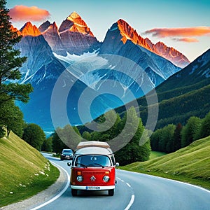 Auto und Alpen Berge StraÃŸe blau Kunst Illustration