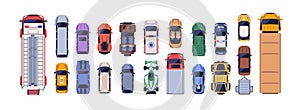 Auto vehicles set, top view. Taxi and SUV car, freight truck, emergency automobiles. Road transport types from above