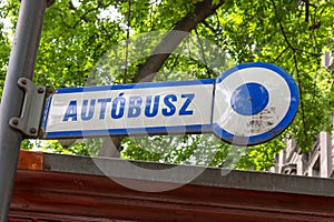 Autobus sign in Budapest Hungary made of enamel.