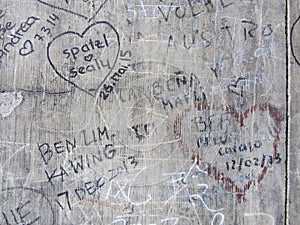 Autographs on a gray old wall, background texture