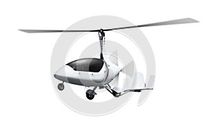 Autogyro in flight with rotating propellers