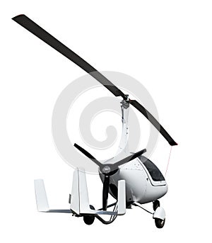 Autogyro in flight with rotating propellers