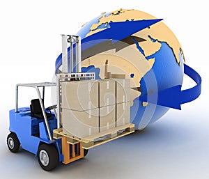 Autoloader with boxes on a background a globe