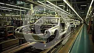 Automaker assembly line: modern car manufacturing process in industrial factory photo