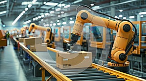 Automated artificial inteligence robot arm packing cartoboard boxes in warehouse factory