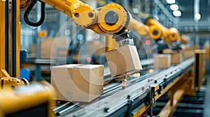 Automated artificial inteligence robot arm packing cartoboard boxes in warehouse factory