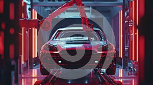 Automated assembly line constructing top car model frame photo