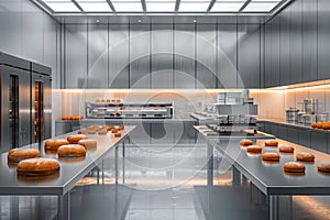 an automated bakery features modern robotic ovens and sleek metal countertops, showcasing a minimalist industrial design photo