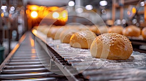 automated baking process, technologically advanced assembly line transports dough to the industrial oven in fully photo