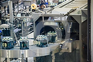 Automated beer bottling production line. Packed beer bottles on conveyor belt