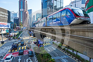 Automated blue aerial monorail train at Bukit Bintang district of Kuala Lumpur