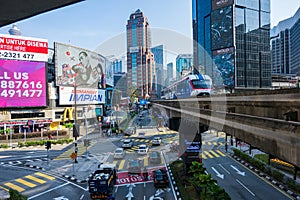 Automated blue aerial monorail train at Bukit Bintang district of Kuala Lumpur