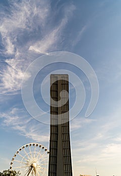 An automated bridge ready to connect the motlawa river and a ferries wheel located in Gdansk city in North Poland