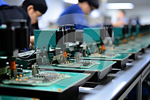 Automated chip mounter in printed circuit board workshop with high tech machinery