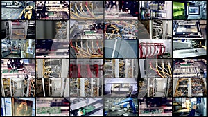 Automated circuit board production, computer wires. Video wall. Monitors, screens in motion.