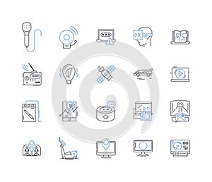 Automated construction line icons collection. Robotics, Prefabrication, D printing, Assembly-line, Automation, Building