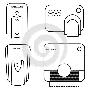 Automated contactless restroom equipment with sensors. Paper towel dispenser. Wall mounted automatic soap dispenser, hand dryer