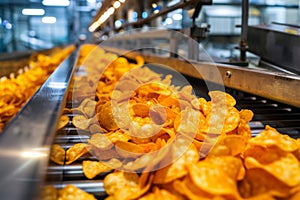 Automated Conveyor Belt Churning Out Snack Potato Chips. Generative AI