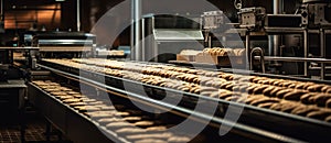 Automated conveyor belt moves bread in a bakery.