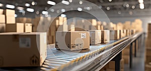 The automated conveyor belt transporting packages in a modern warehouse setting. AI generated image