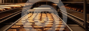 Automated conveyor belt transports bread and cookies in a bakery.