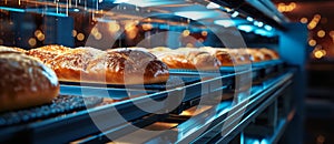 Automated conveyor belt transports bread and rolls in a bakery.