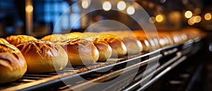 Automated conveyor belt transports bread and rolls in a bakery.