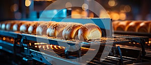 Automated conveyor belt transports bread and rolls in a bakery.